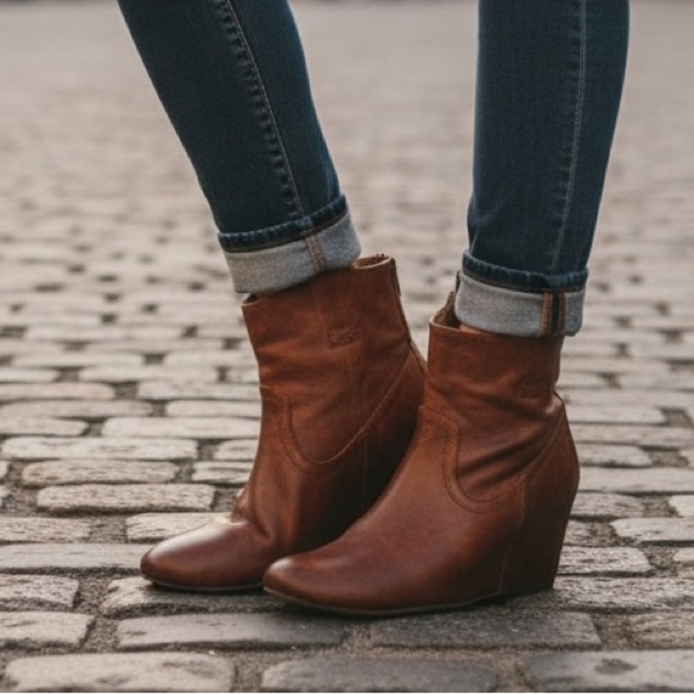 Frye Carson Wedge Cognac Leather Cute Ankle Bootie